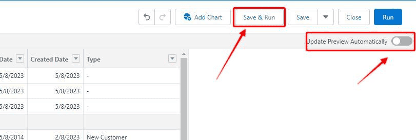 Screenshot of Salesforce report builder with 'Save & Run' button highlghted.