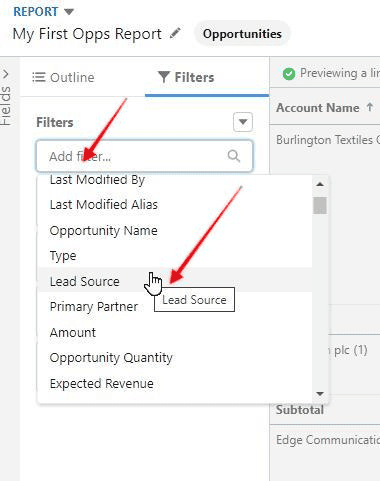 Screenshot of Salesforce report builder with filtering options highlighted.