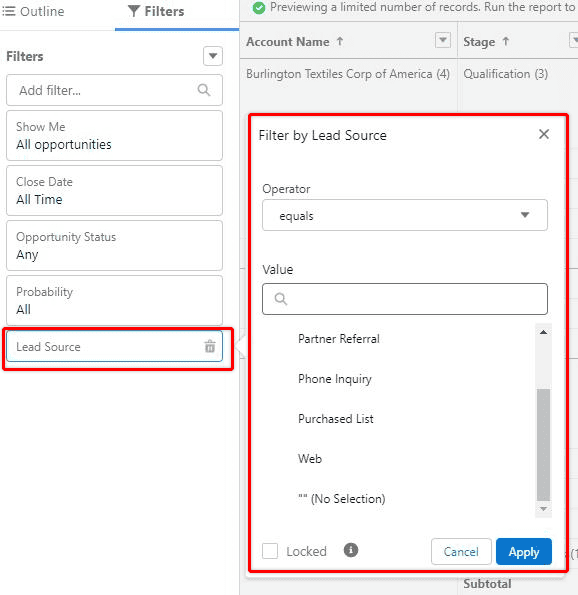 Screenshot of Salesforce report builder with filtering options highlighted.