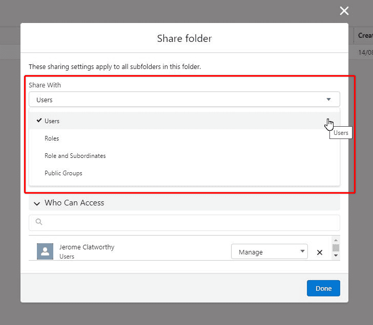 Screenshot of Salesforce Folder Sahring options.