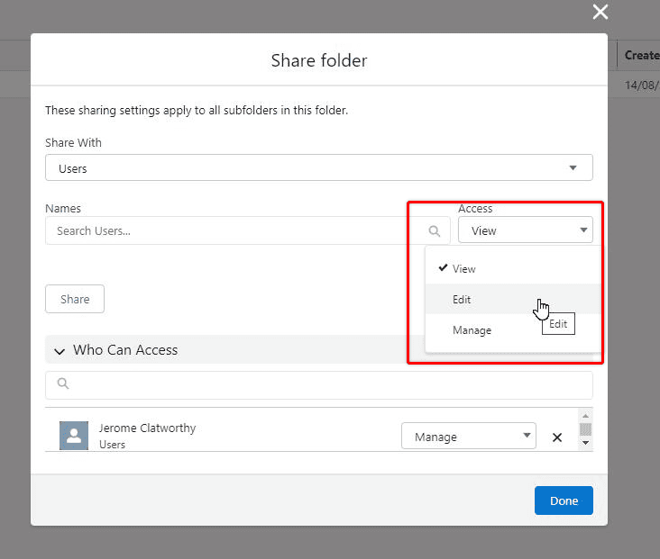 Screenshot of Salesforce Report sharing settings.