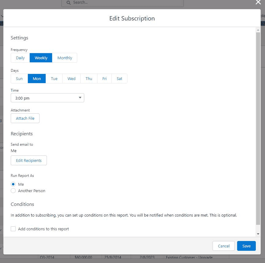 Screenshot of Salesforce Report Subscription settings.