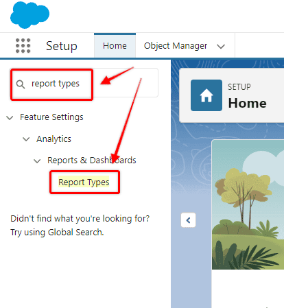 Screenshot of Salesforce Setup menu, with Report Types menu option highlighted.