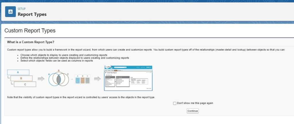 Screenshot of Salesforce custom report type creation wizard.