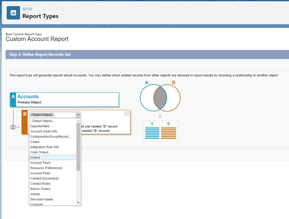 Screensot of Salesforce custom report type setup wizard.