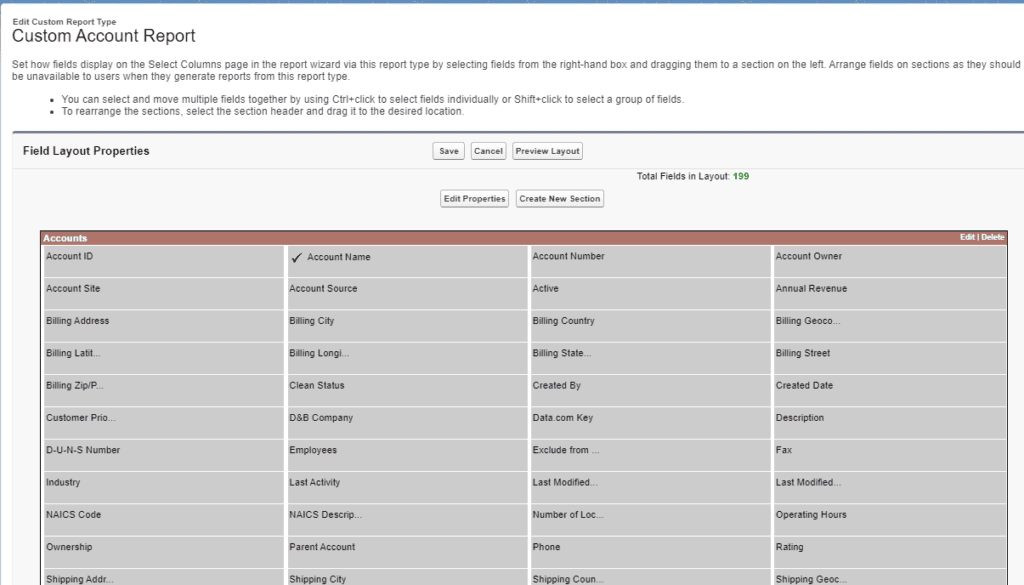 Screenshot of field selection screen for creation of a new Salesforce custom report type.