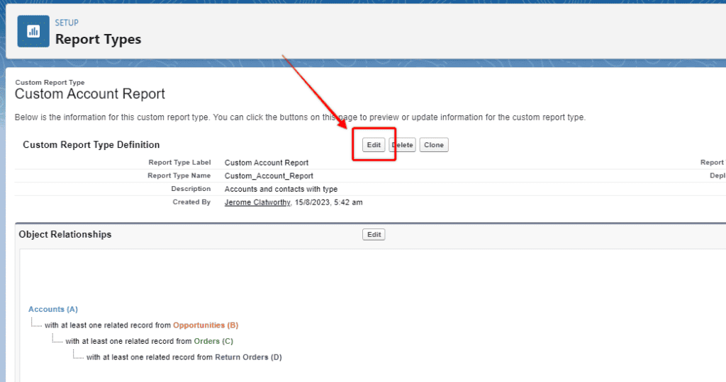 Screenshot of Custom Report Type in Salesforce with 'Edit' button highlighted.