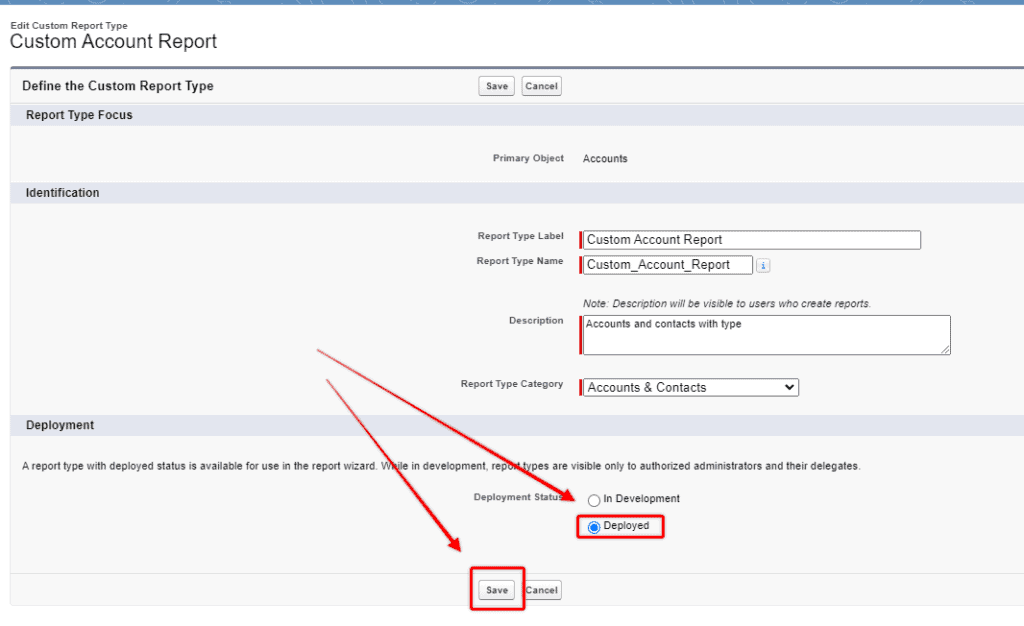 Screenshot of Salesforce Custom Report type configuration screen.