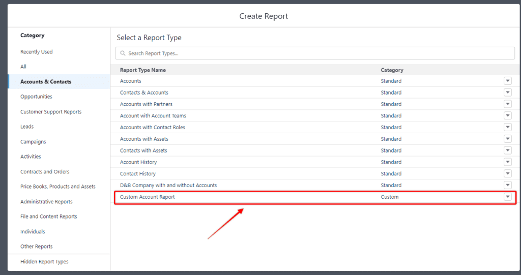 Screenshot of Salesforce Report Type listing.