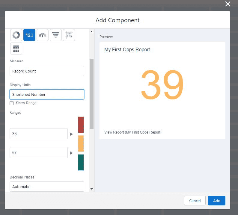 Screenshot of Salesforce Metric Chart Dashboard component.