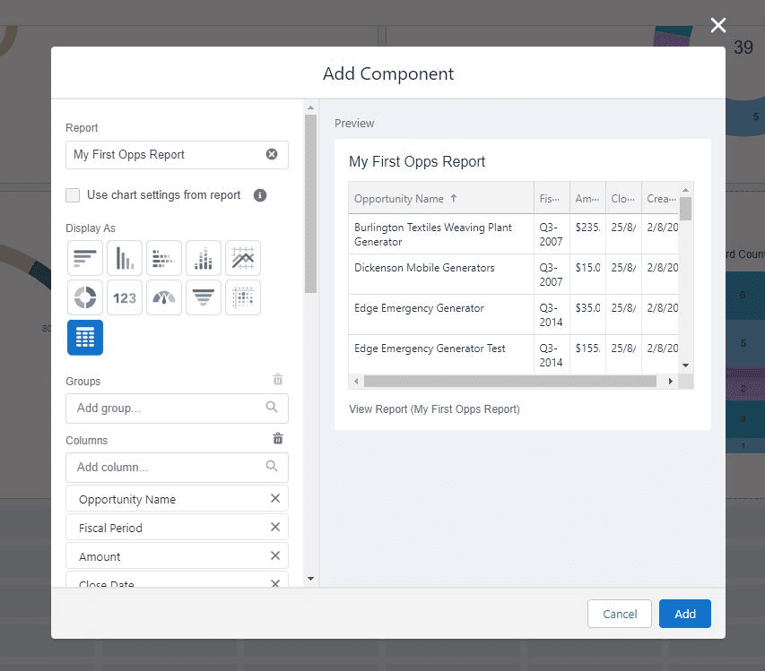 Screenshot of Salesforce Lightning Table Dashboard component.