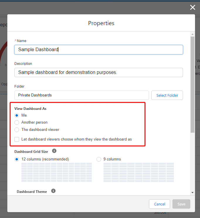 Screenshot of Salesforce Dashboard dialogue box.