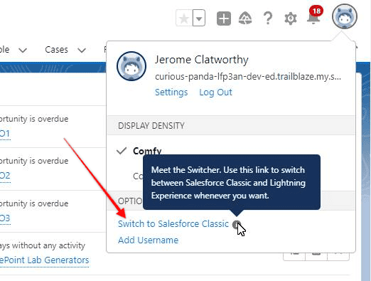 Screen of Saleforce UI showing the 'Switch to Salesforce Classic' menu option.