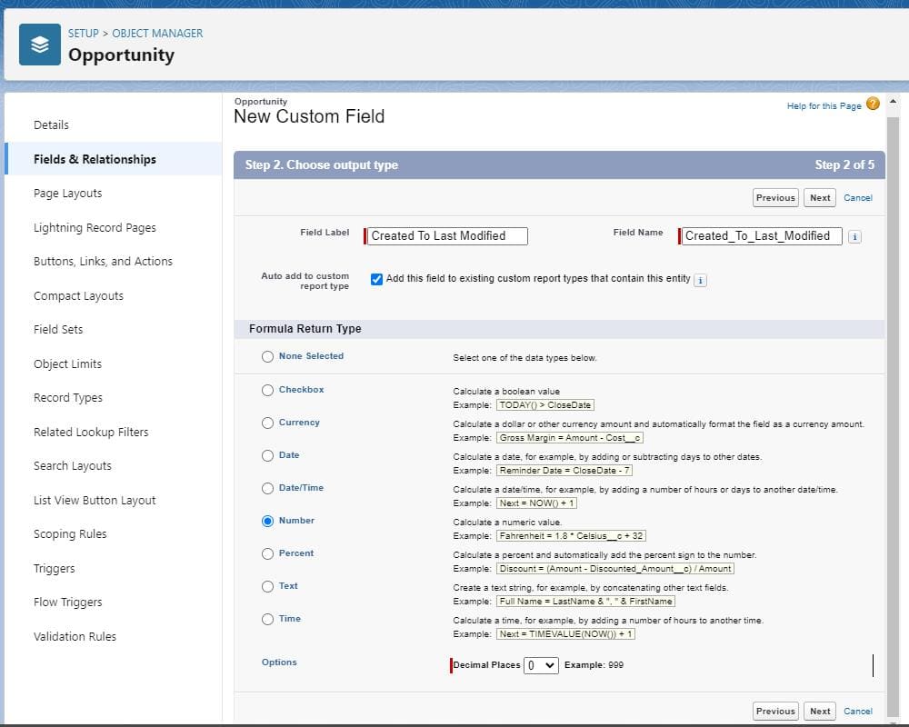 Screenshot of Salesforce Formula field creation screen.