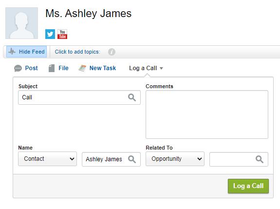 Screenshot of Salesforce 'Log A Call' interface.