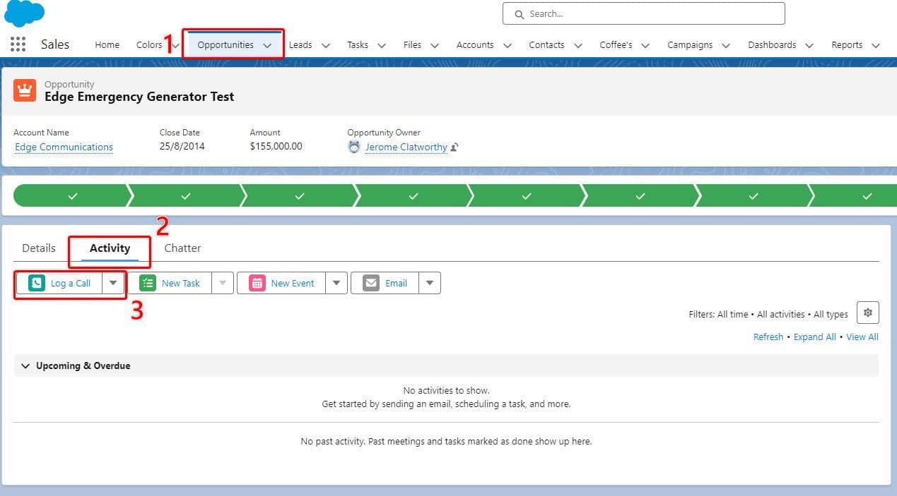 Screenshot of Salesforce Opportunity Record with 'Log A Call' button highlighted.