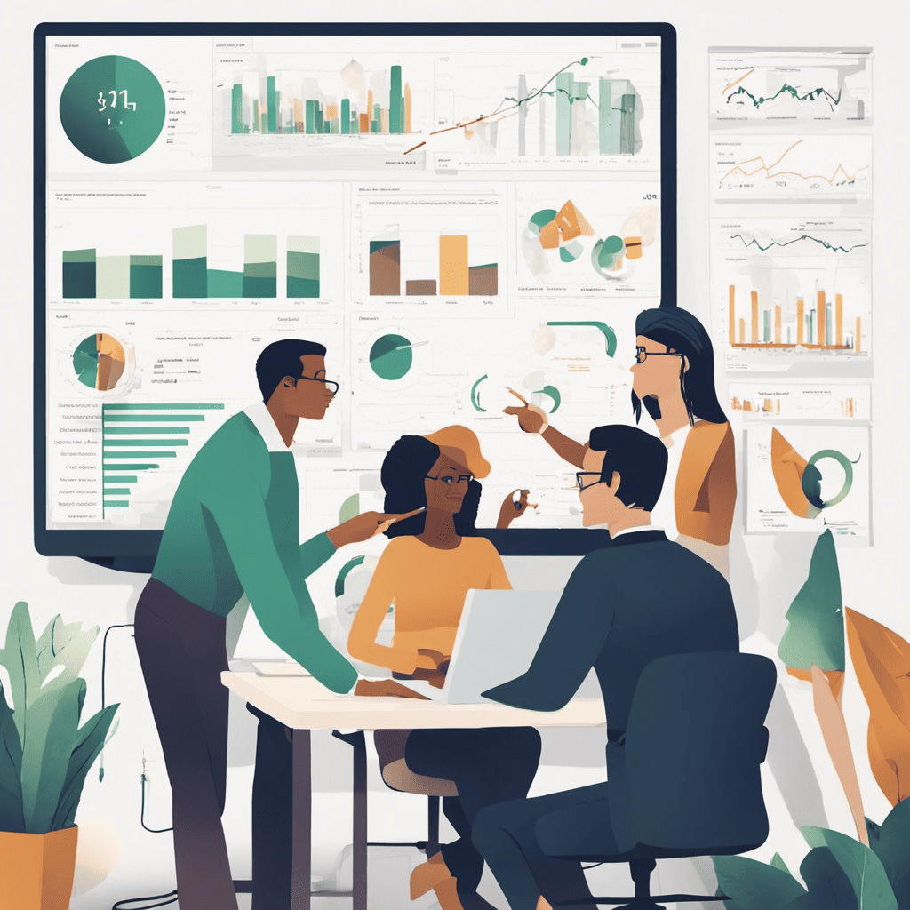 Vector image of business team around a table talking.
