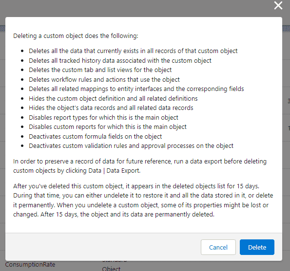 Screenshot fo Salesforce 'Delete Object' warning message.'