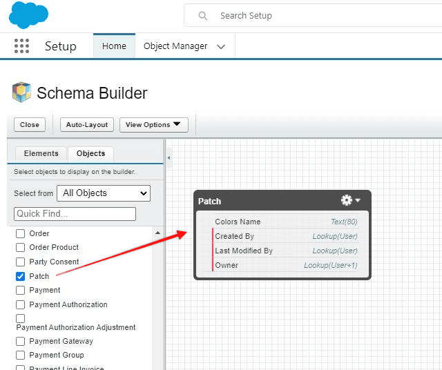 Screenshot of Salesforce Schema Builder canvas.