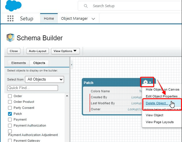 Screenshot of Salesforce Schema Builder canvas with an object being edited.