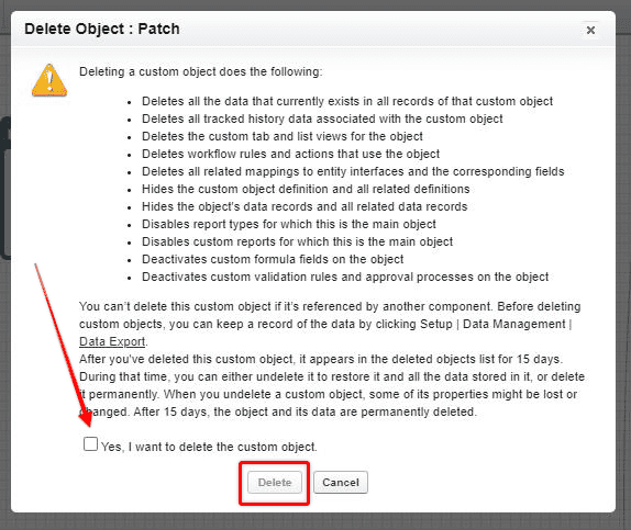 Screenshot of Salesforce 'Delete Object' implications warning message.
