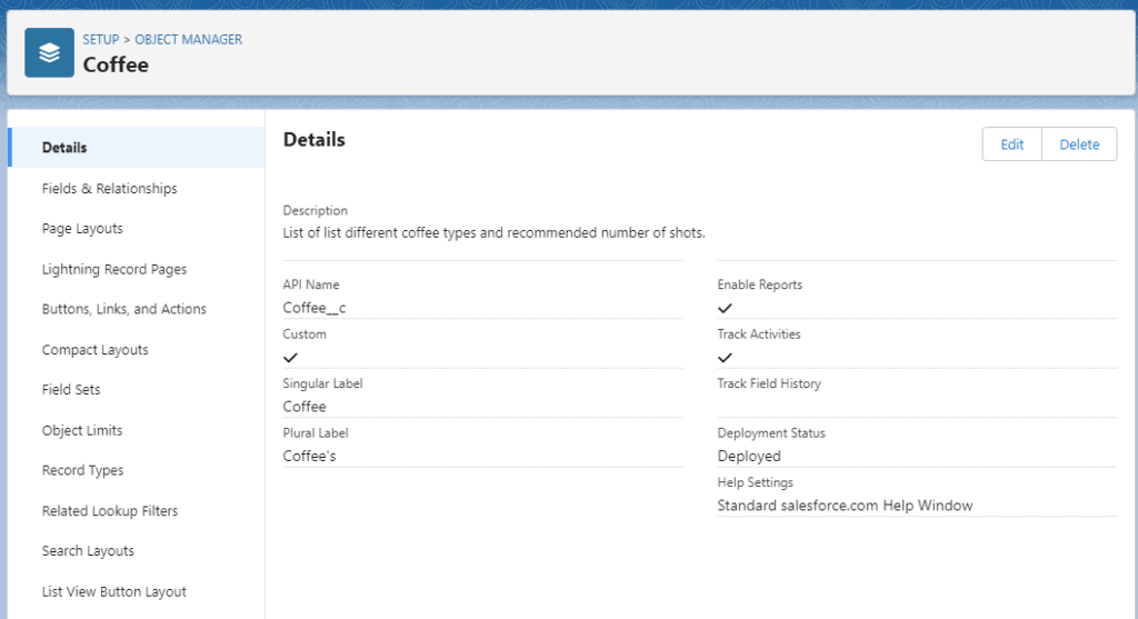 Screenshot of Salesforce custom object in Object Manager.