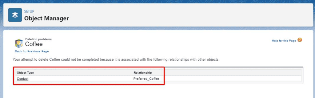 Screenshot of Salesforce deletion problem message.