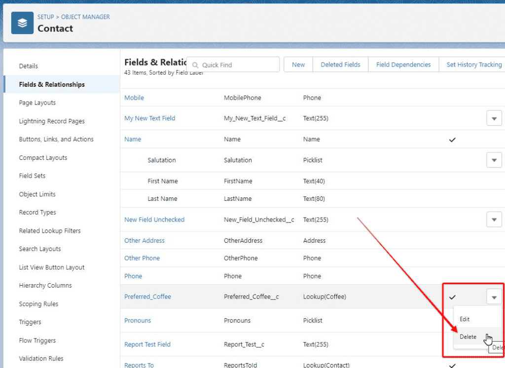 Screenshot of Salesforce field list on the Contact Object in the Object Manager.