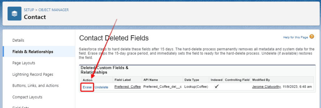 Screenshot of Salesforce Contact Object Deleted Fields screen.