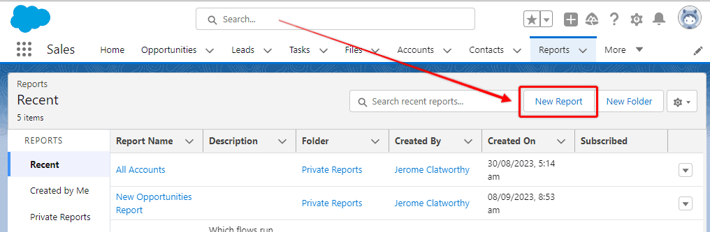 Screenshot of Salesforce Report tab with 'New Report' button highlighted.