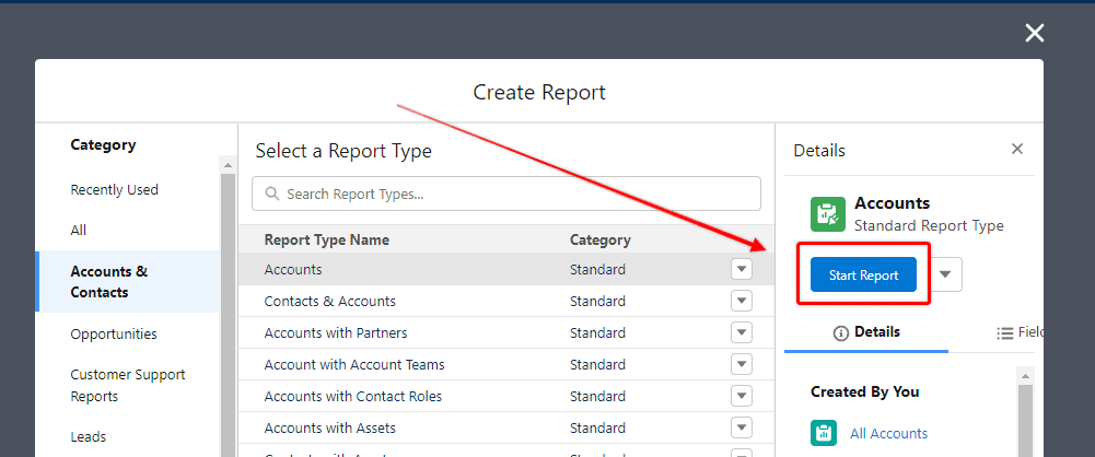 Screenshot of Salesforce 'Create Report' screen. 