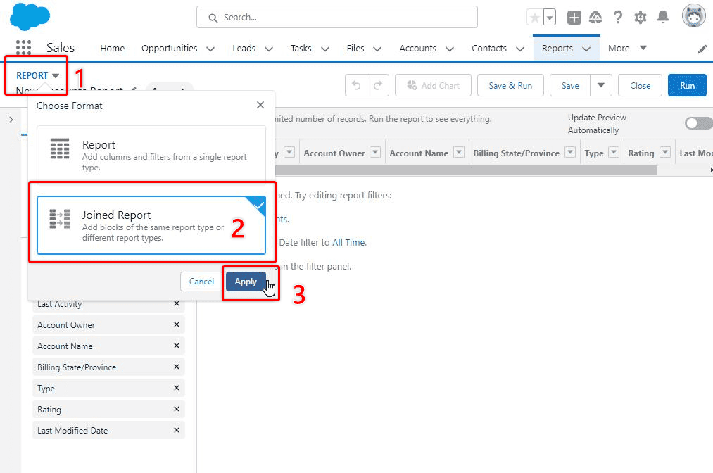 Screenshot of Salesforce Report with 'Joined Report' option highlighted.