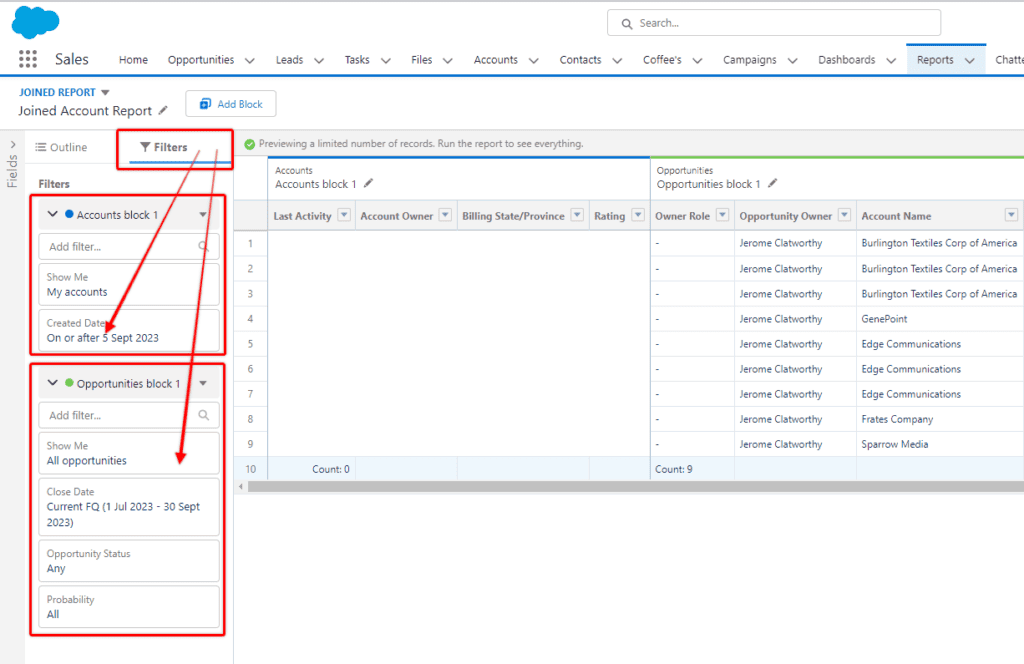 Screenshot of Salesforce Joined Report filters.