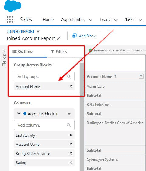Screenshot of Salesforce Joined Report grouping.