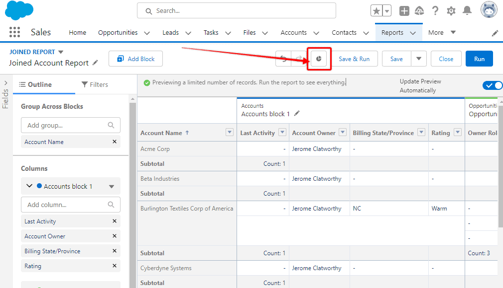 Screenshot of Salesforce Joined Report with the 'Toggle Chart' button highlighted.