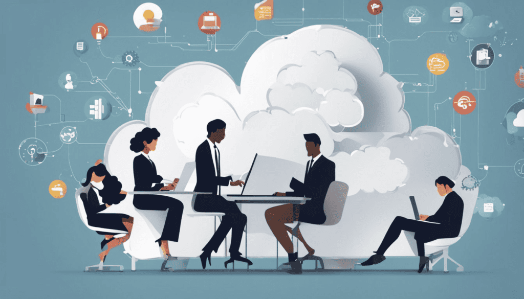 Vector image of people working on laptops with big cloud image background.