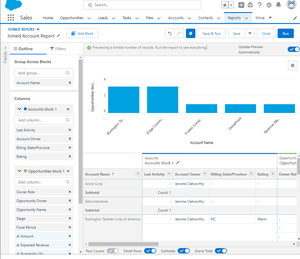 Screenshot of Salesforce Joined Report setup.