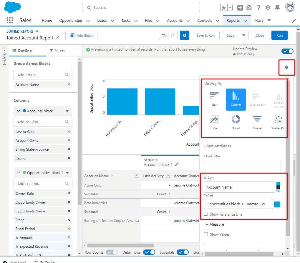 Screenshot of Salesforce Report chart settings.