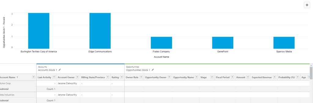 Screenshot of Salesforce Joined Report with Chart.
