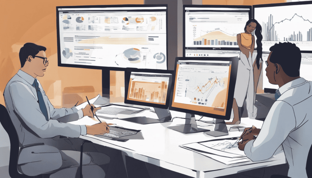 Vector style image of three people in an ofice looking at computer screens representing data dashboards.