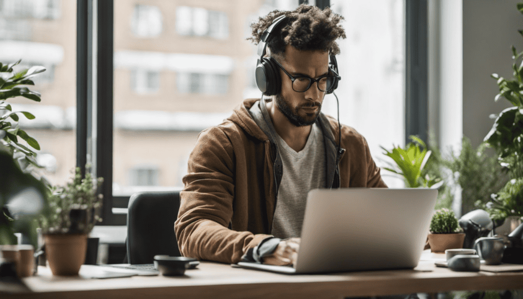 Man sitting at a table with multiple small pot plants aroud the edges, working on a laptop.