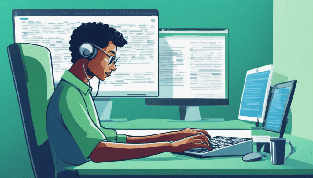 Vector illustration of side profile of man with headphones on typing on akeyboard and looking at a computer screen.