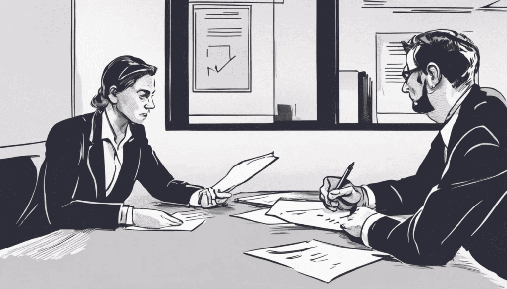 vector image of man and woman facing each other over a desk in interview style, both looking down at some sheets of paper on the desk.