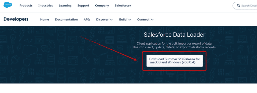Screenshot of Salesforce Developer Website Data Loader Page. 