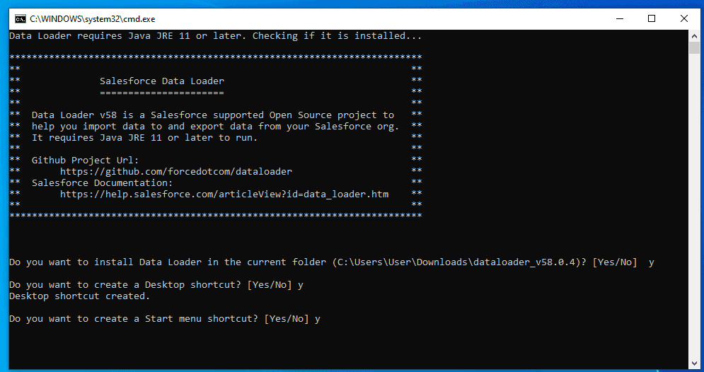 Screenshot of Salesforce Data Loader cmd.exe file.