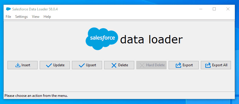 Screenshot of Salesforce Data Loader home screen.