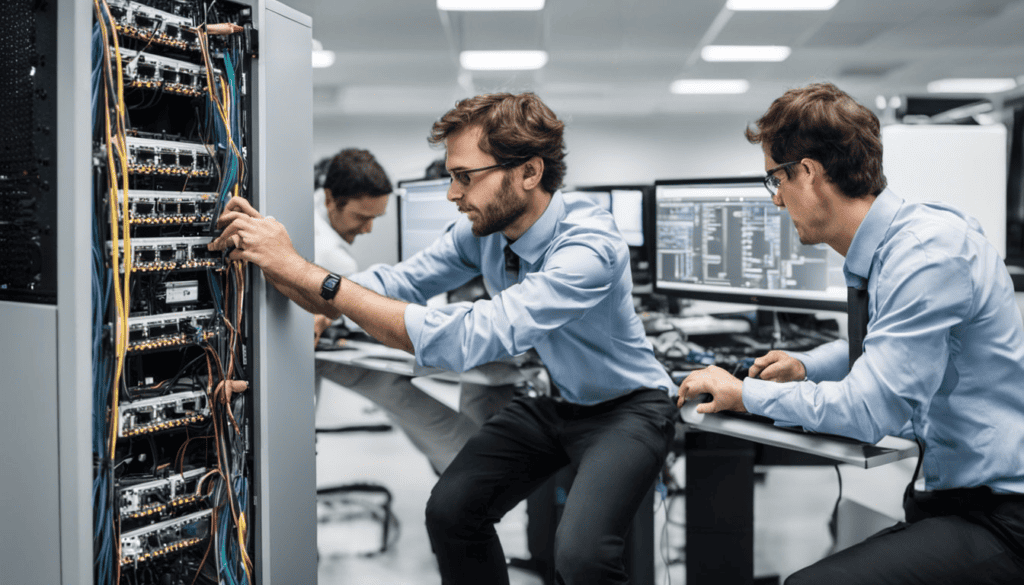 Screenshot of two people working on a computer network plugging cords into a server stack.