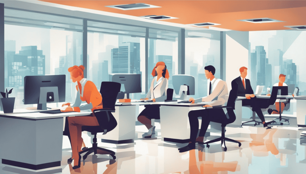 Vector style illustration of office environment of five people sitting at desk looking at computer screens.