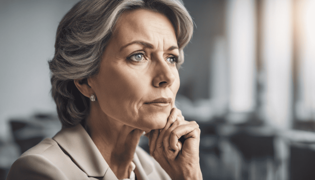 mature woman with hand on her face looking into the distance thinking deeply