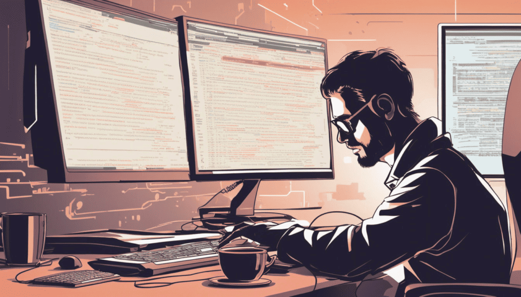 Vector illustration of a man sitting at a desk of two big computer screens.